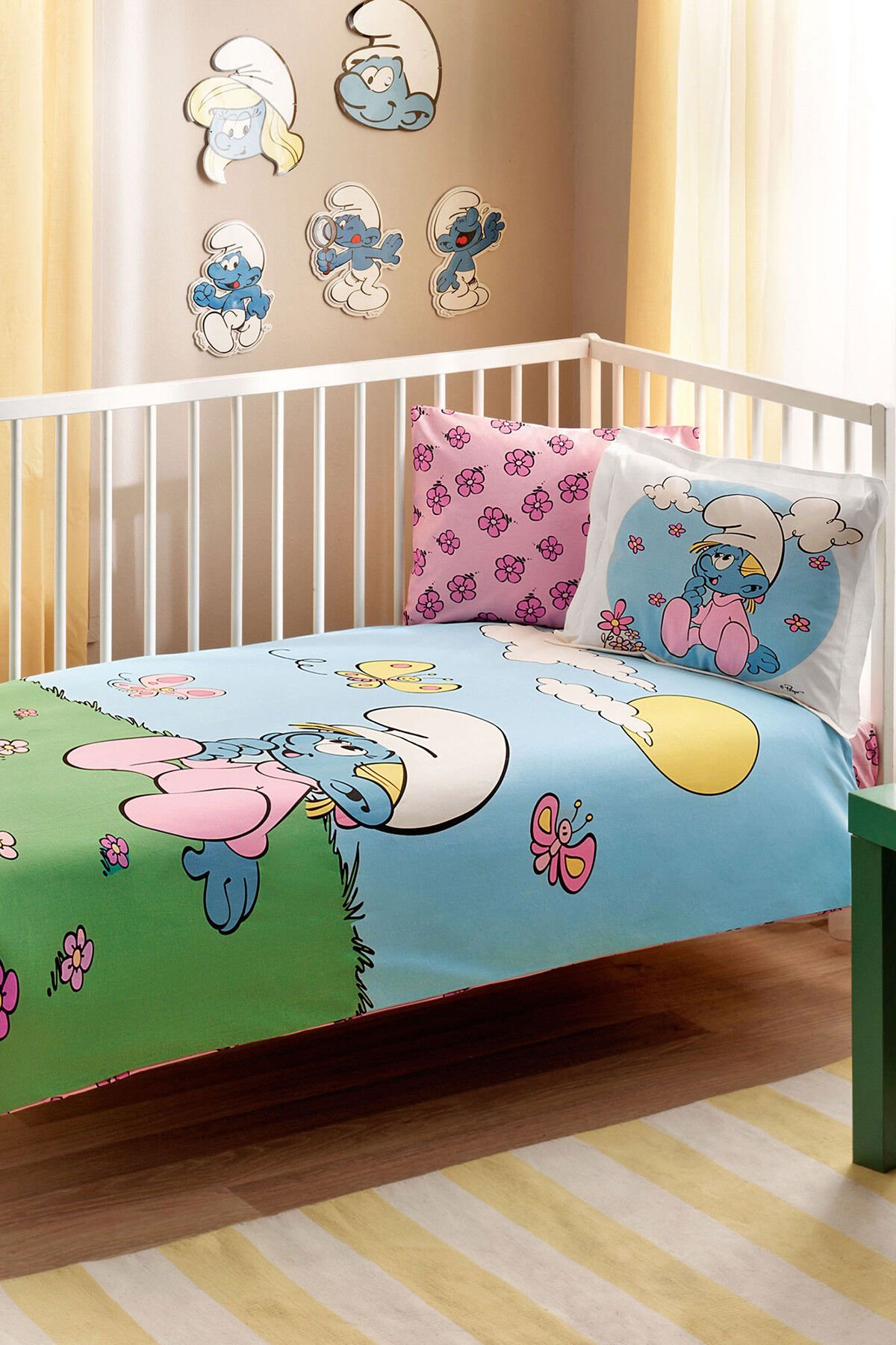 Taç Lisanslı Şirinler Pink Bebek Nevresim Takımı