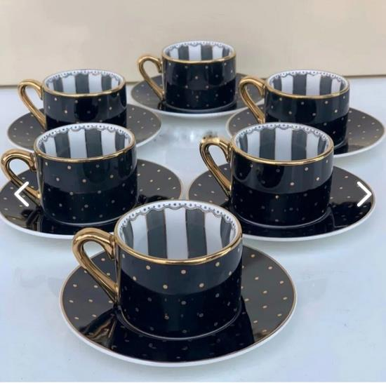 Kosova 182 Bone China 6 Lı Siyah Puantiyeli Kahve Fincan Seti 12 Parça
