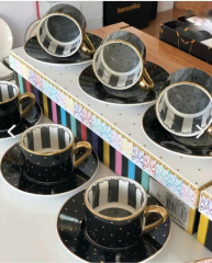 Kosova 182 Bone China 6 Lı Siyah Puantiyeli Kahve Fincan Seti 12 Parça