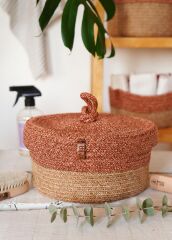 The Mia SPT0027 Jutte Kapaklı Yuvarlak Sepet Bambu Kiremit 25x15 CM
