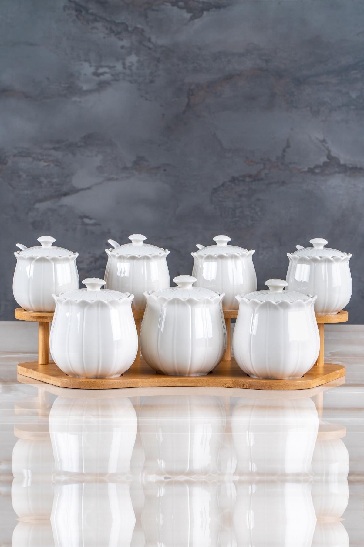 Acar 12107 Bambu Standlı 7 Li Porselen Baharat Takımı