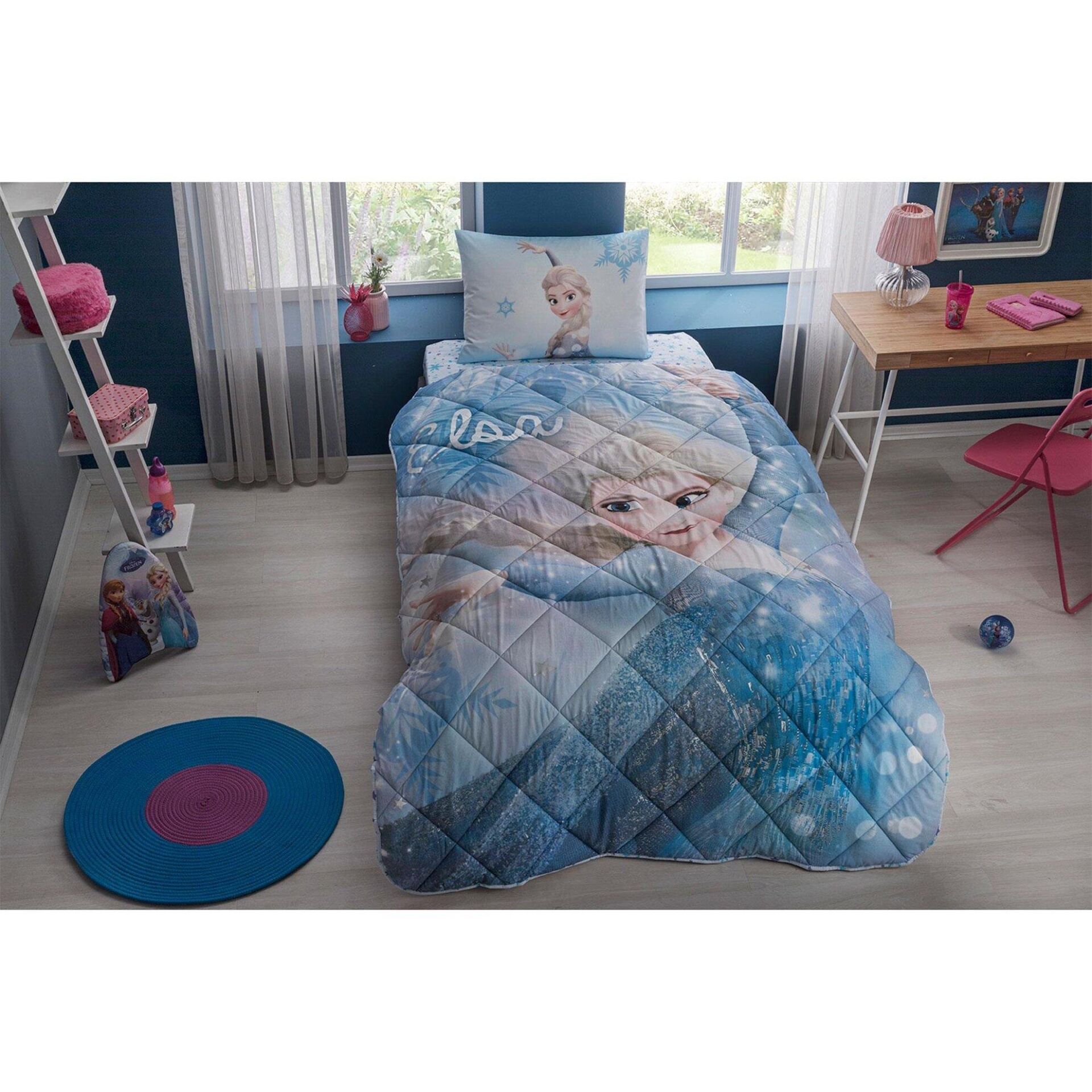 Taç Lisanslı Disney Frozen Glitter Yatak Örtüsü Tek Kişilik