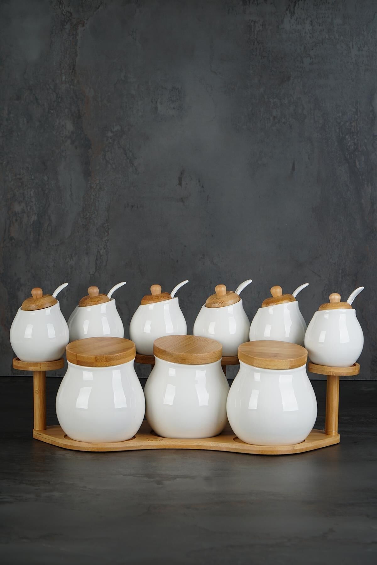 Acar 10431 Stork 9lu Beyaz Porselen Bambu Stand Baharat Set
