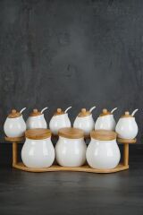 Acar 10431 Stork 9lu Beyaz Porselen Bambu Stand Baharat Set