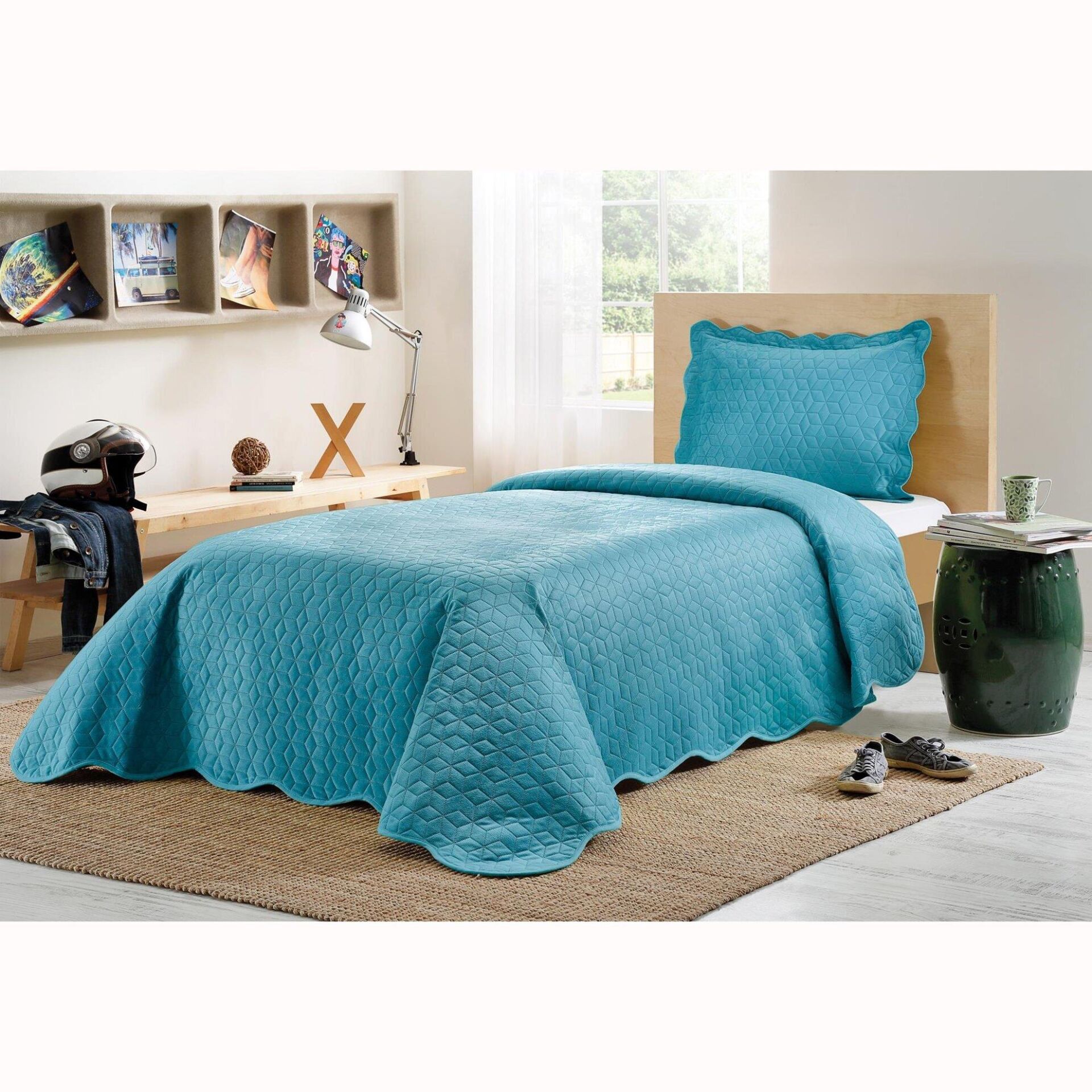Taç Cubix Turkuaz Tek Kişilik Yatak Örtüsü