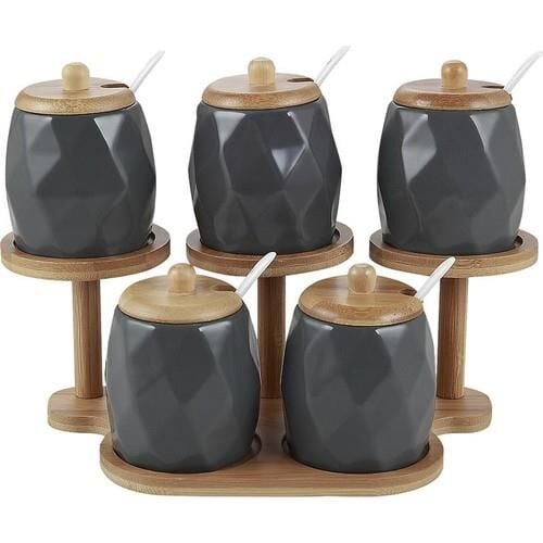 Loyal 5li Bambu Standlı Bombeli Porselen Baharat Takımı - Füme