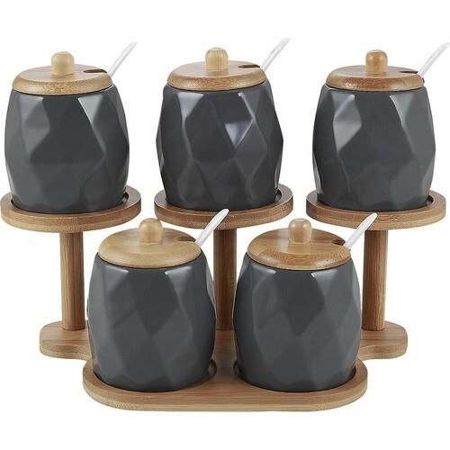 Loyal 5li Bambu Standlı Bombeli Porselen Baharat Takımı - Füme