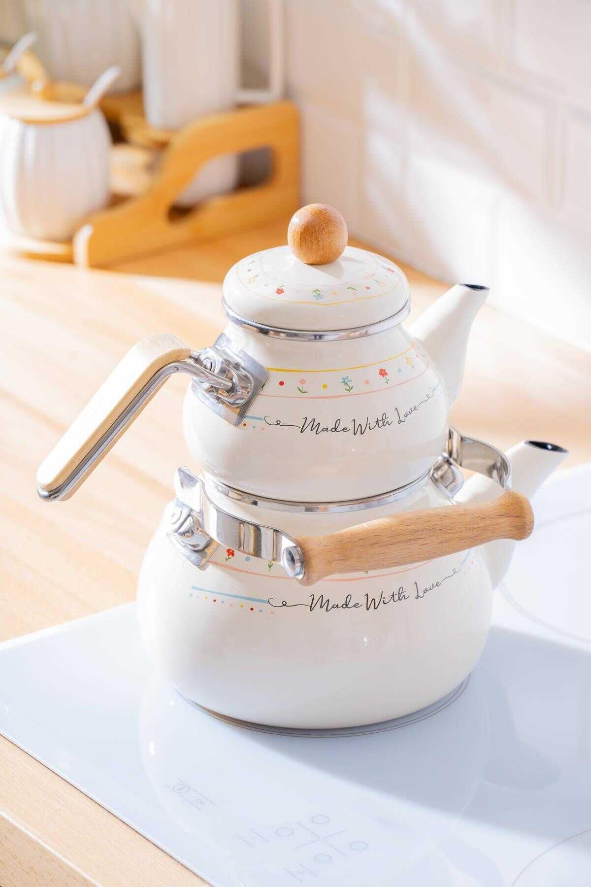 Acar 7709 Made With Love Emaye Tombul Çaydanlık Takımı