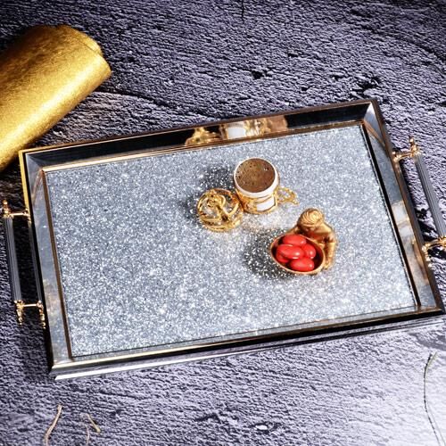 Kosova GA-584 Taşlı Dikdörtgen Tepsi Gümüş-Altın 50*31