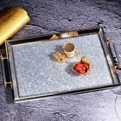 Kosova GA-584 Taşlı Dikdörtgen Tepsi Gümüş-Altın 50*31