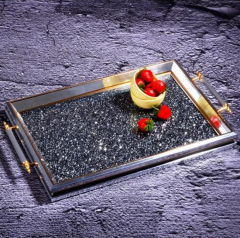 Kosova GA-585 Taşlı Dikdörtgen Tepsi Gümüş-Altın-Siyah 50*31