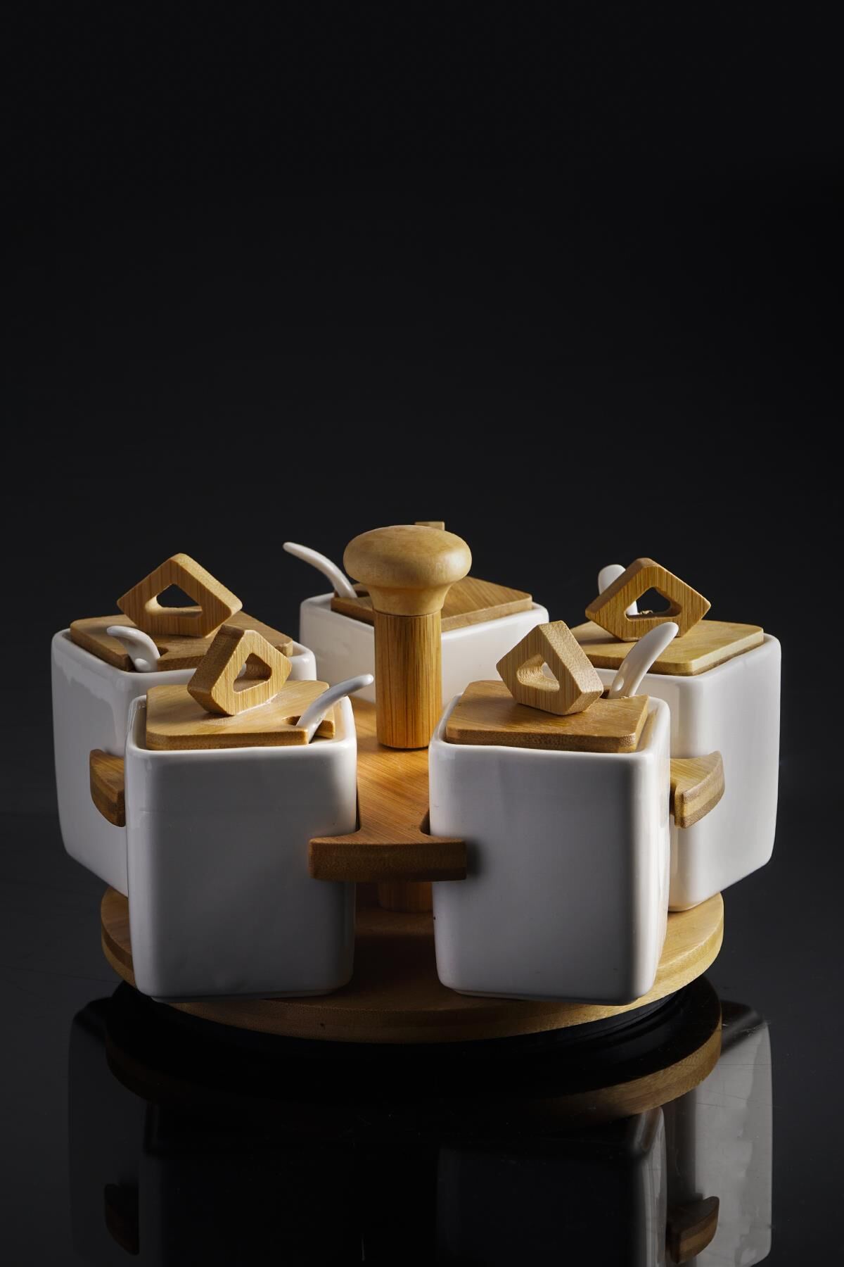 Acar 10147 La Pure Dönerli Bambu Standlı Porselen 5'Li Baharat Seti