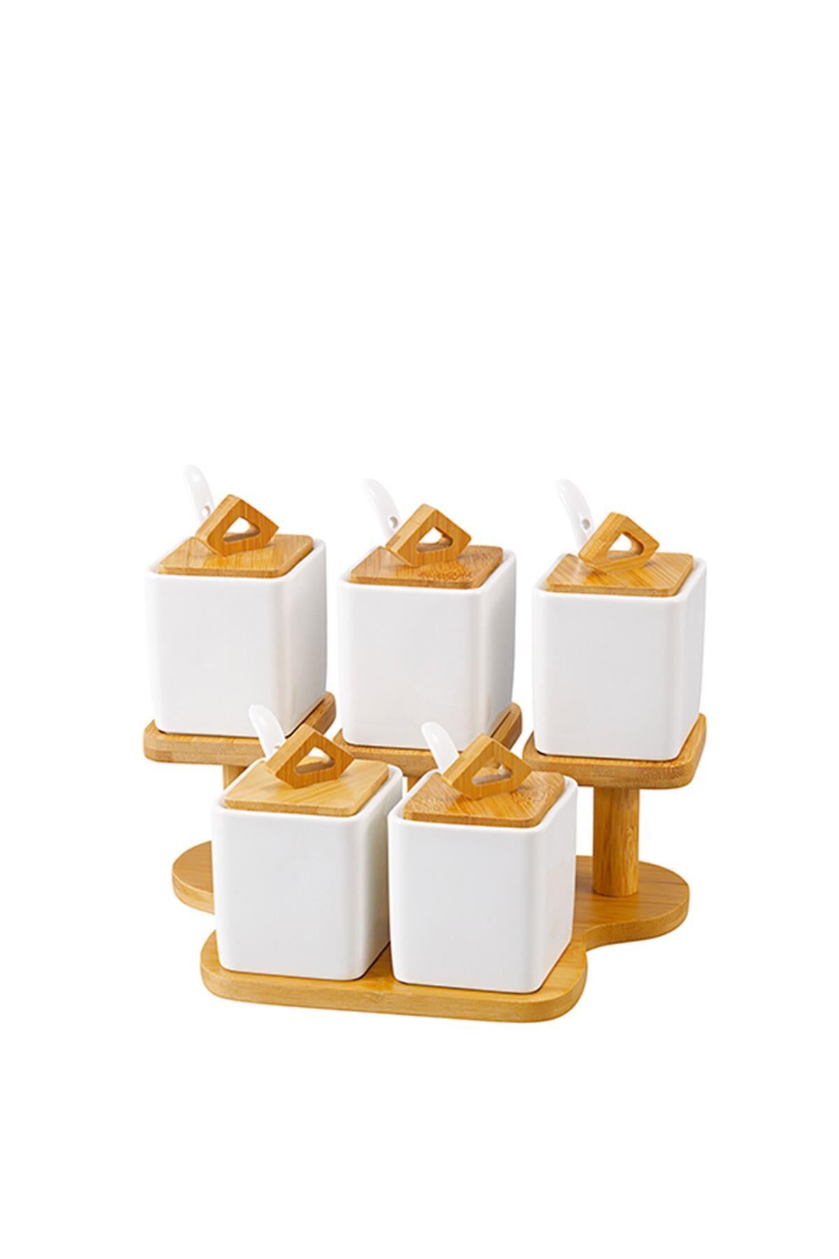 Acar 10996 La Pure 5li Bambu Standlı Porselen Baharat Takımı