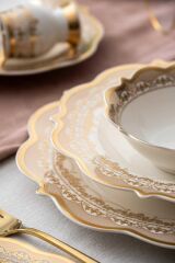 Acar 6257 Rosella 60 Parça Bone Chına Emboss Gold 12 Kişilik Yemek Takımı