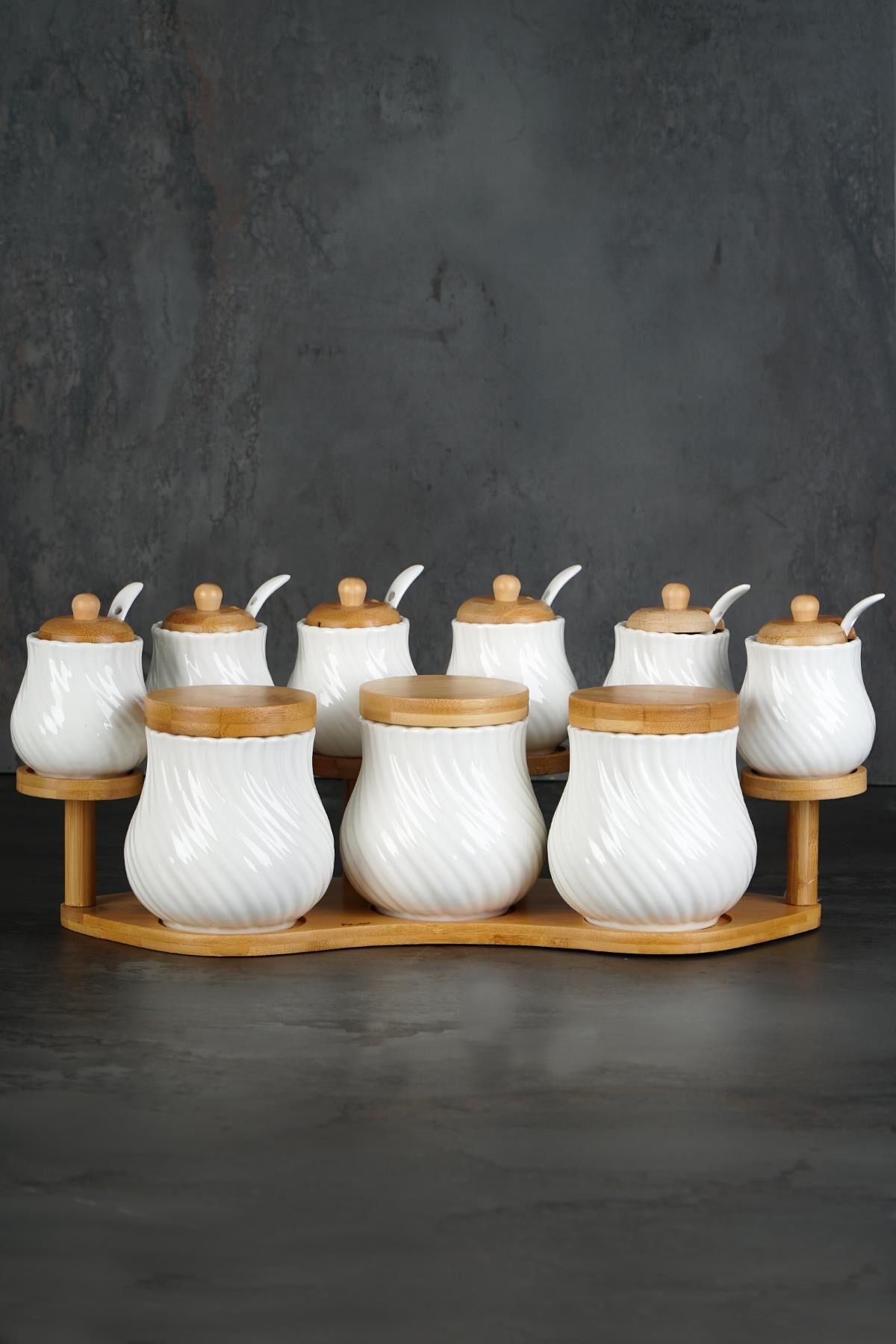 Acar Lonnis 10427 Beyaz Porselen Bambu Stand 9'Lu Baharat Set