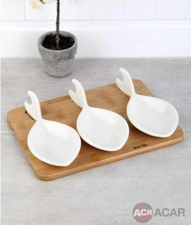 Acar 8569 3'lü Bambu Standlı Porselen Kahvaltılık