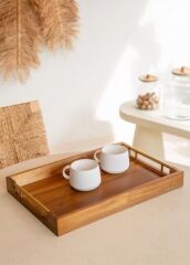 The Mia NTR0045 Natura Akasya Metal Kulplu Tepsi Gold 45x30 Cm