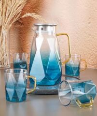 Acar 90 Mavi Cam Sürahi Seti 1500 ML + 4 Adet Bardak 300 ML