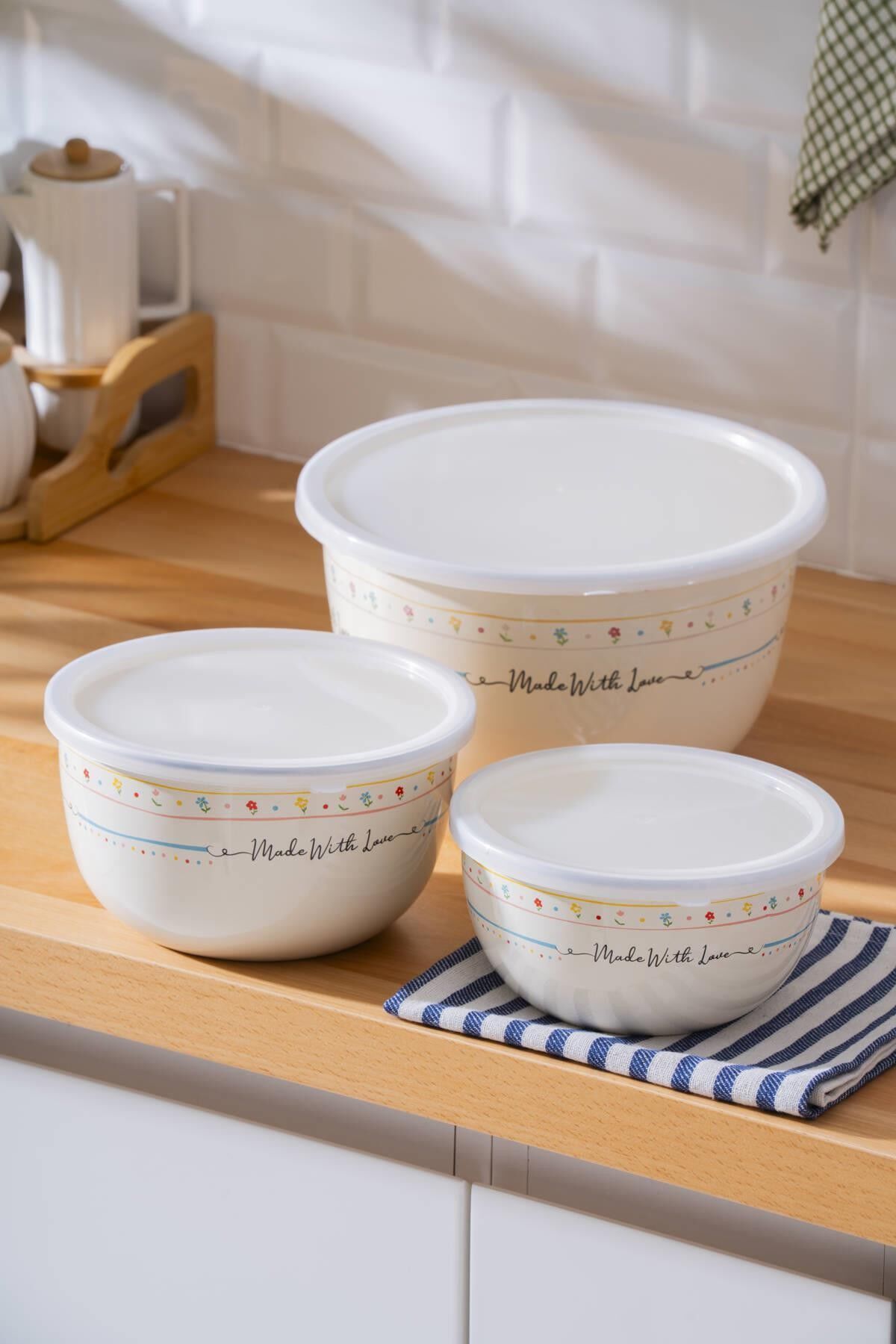 Acar 8526 Made With Love Emaye 3 Lü Saklama & Karıştırma Kabı