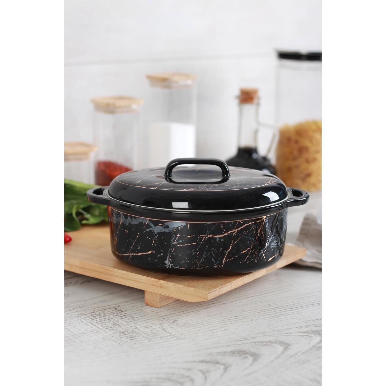 Acar 10581 Vanessa Benek Desen Porselen Oval Tencere - Siyah