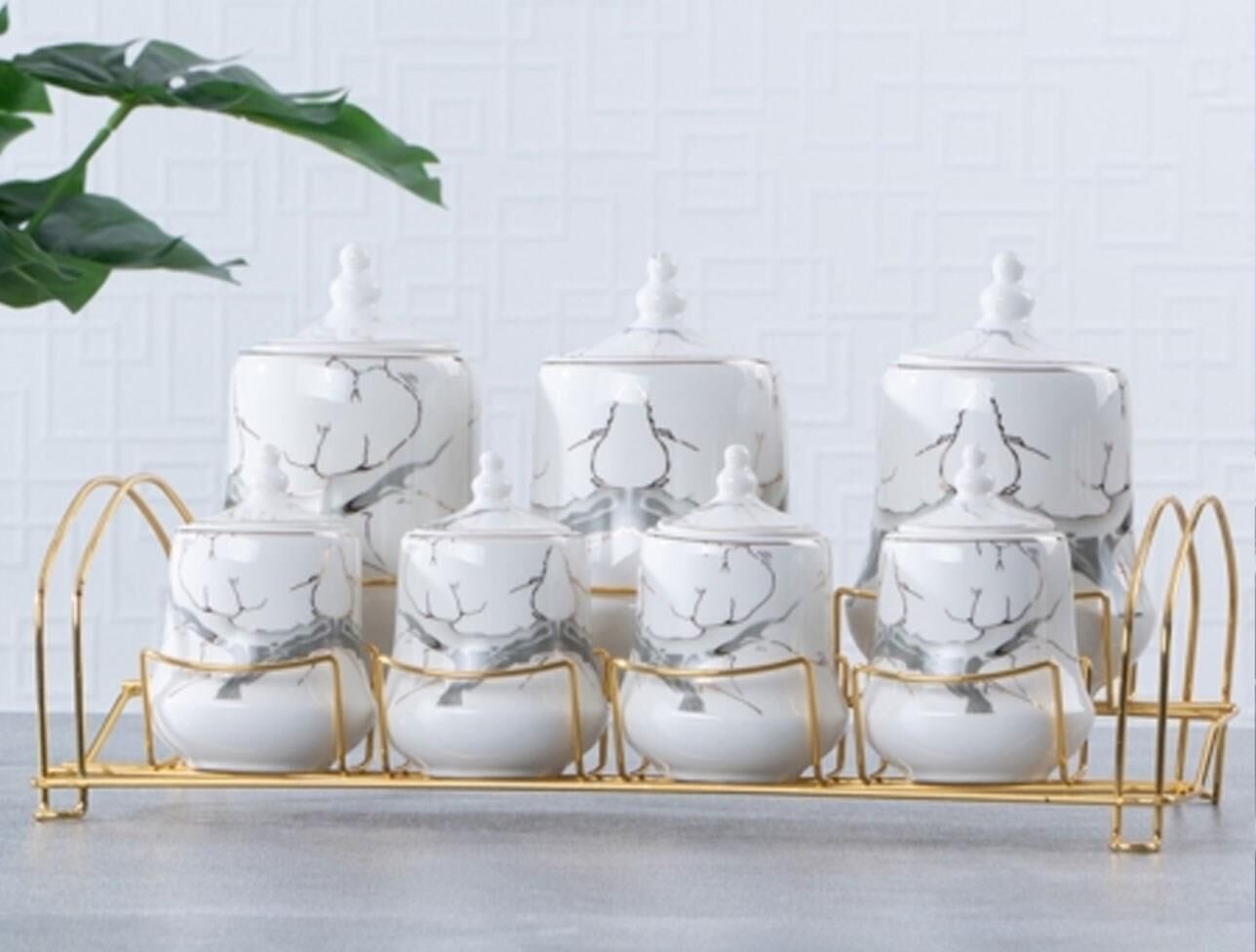 Acar 11245 Master Magic Gold Standlı 7li Gri Porselen Baharat Takımı