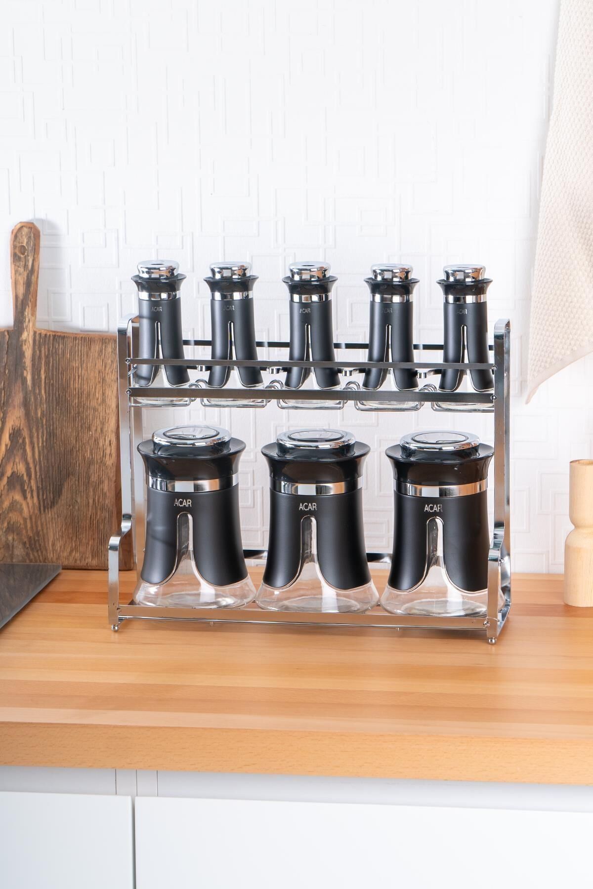 Acar 5644 Darla Standlı 8 Parça Cam Baharat Seti - Siyah