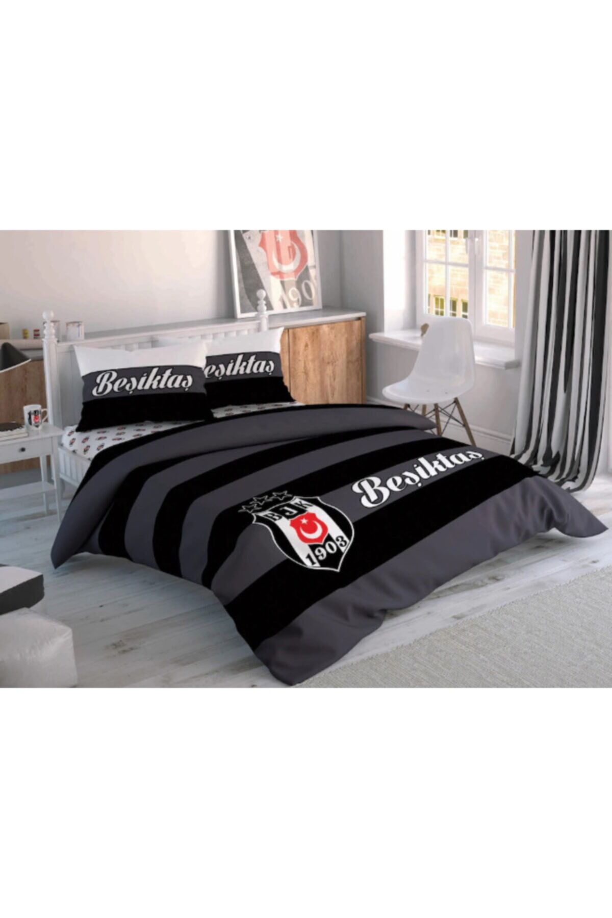 Taç Lisanslı Beşiktaş Striped Çift Kişilik Nevresim Takımı