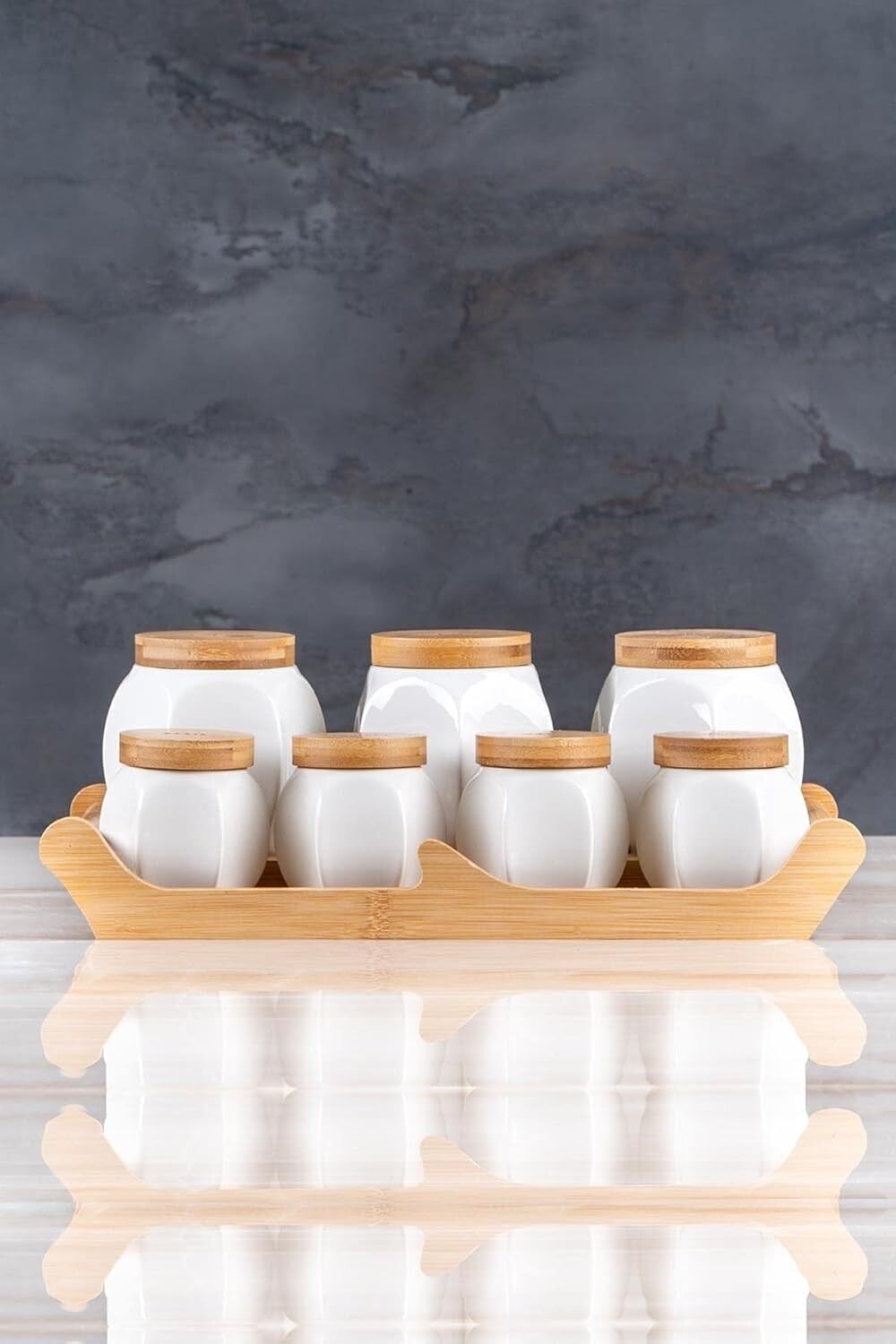 Acar 9168 7 Li Bambu Standlı Porselen Baharat Takımı