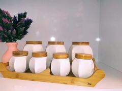Acar 9168 7 Li Bambu Standlı Porselen Baharat Takımı