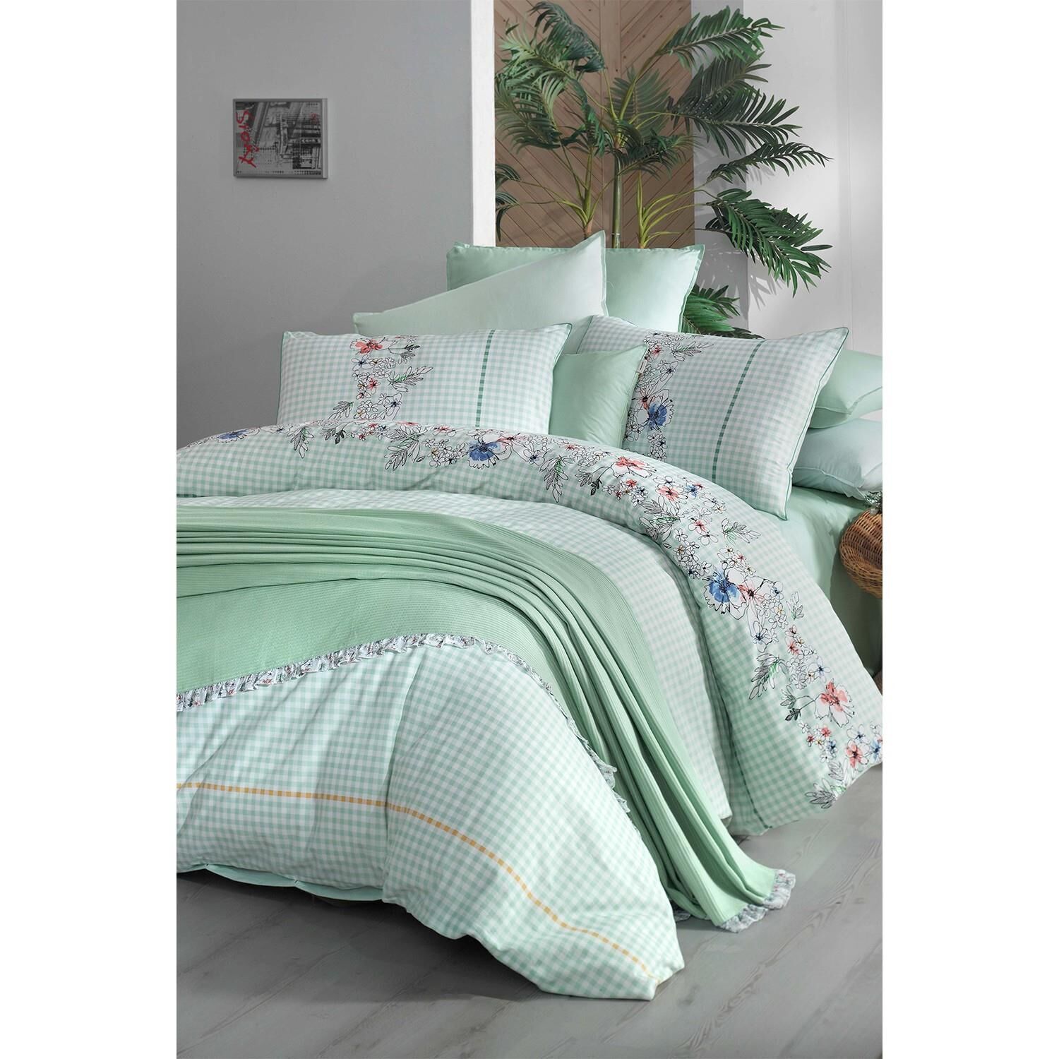 Sarev Eva Bella V5 Yeşil Pike Setli Nevresim Takımı Çift Kişilik