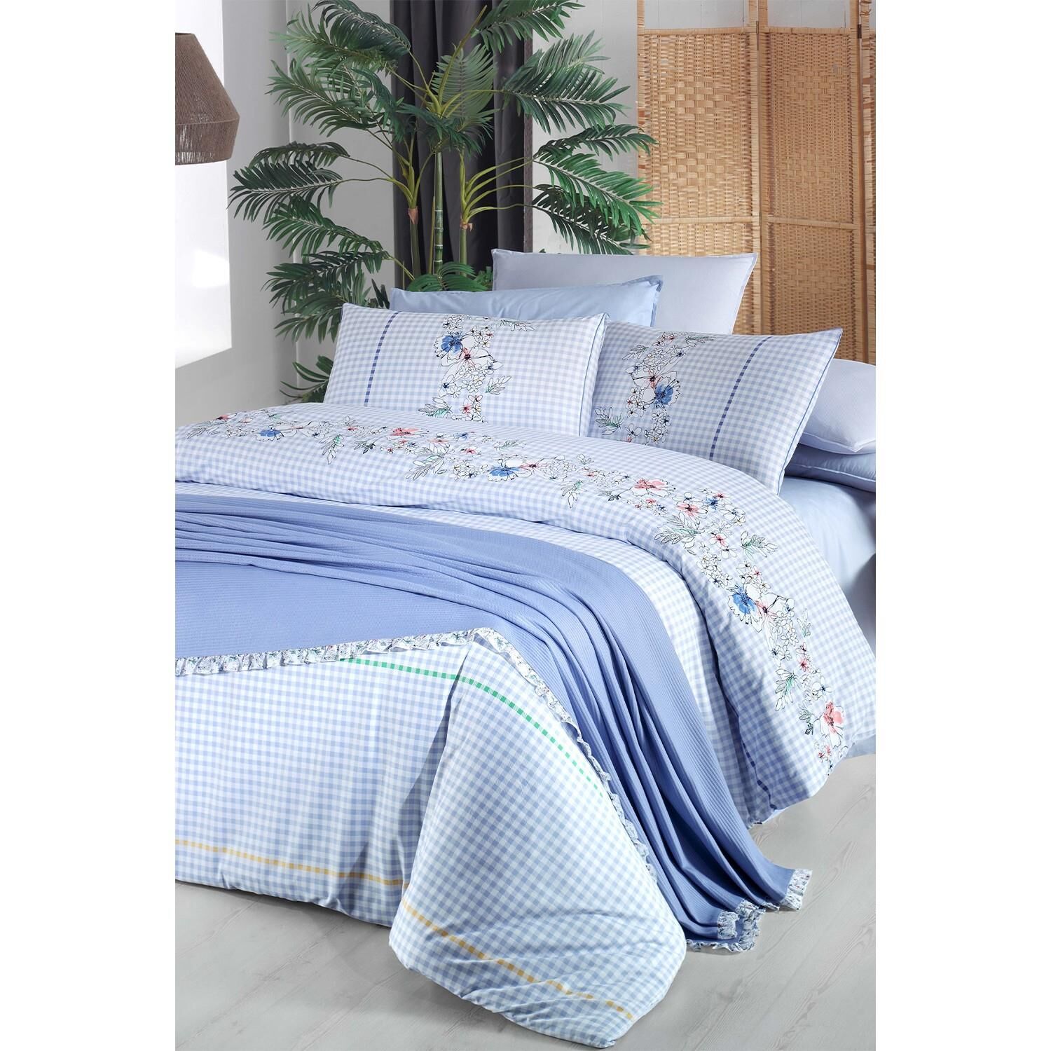 Sarev Eva Bella V4 Mavi Pike Setli Nevresim Takımı Çift Kişilik