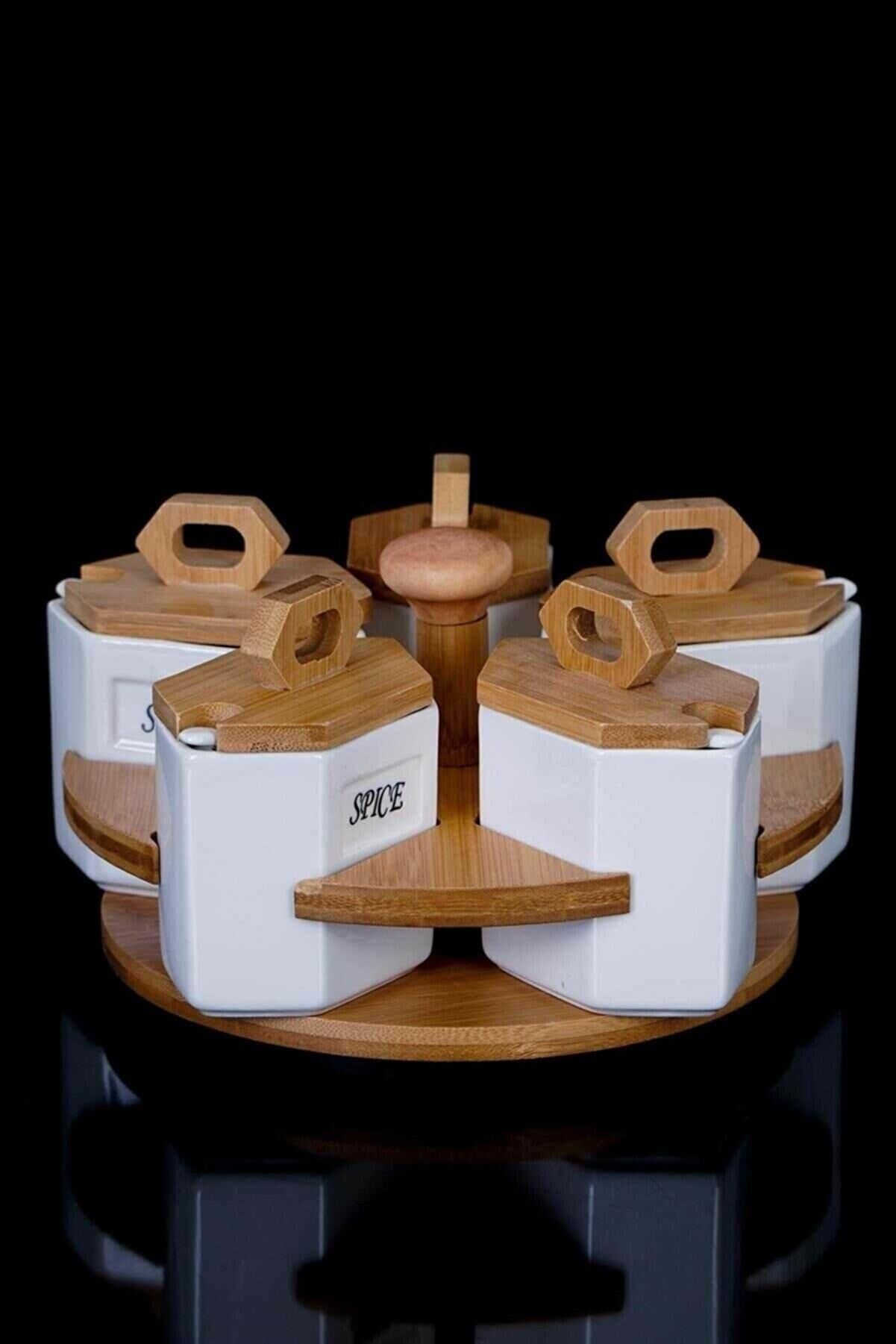 Acar 10141 La Pure Dönerli Beyaz Porselen Bambu Stand 5'Li Baharat Set