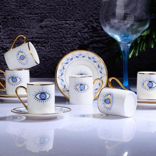 Kosova İST-133 Porselen Evil Eye 6 Lı Kahve Fincan Seti 90 CC