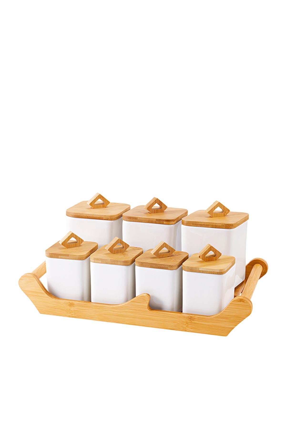 Acar 10992 La Pure 7li Bambu Tepsili Porselen Baharat Takımı