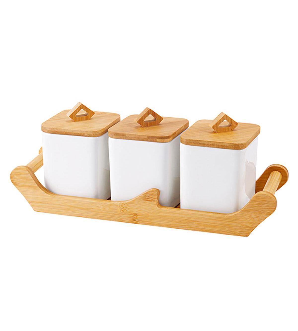 Acar 10998 La Pure 3lü Bambu Tepsili Porselen Baharatlık