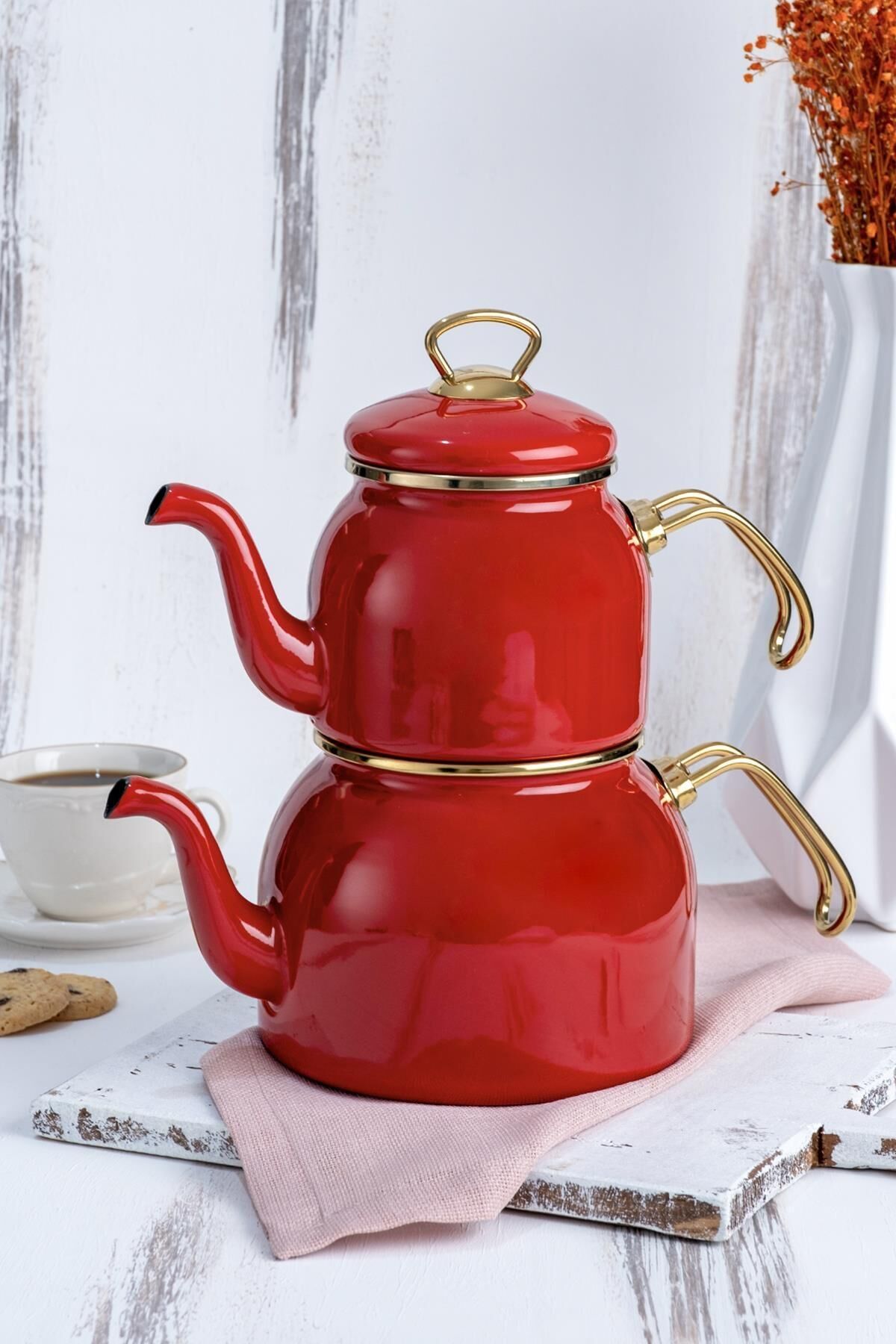 Acar 353 Qualita Petra Emaye Çaydanlık Takımı Kırmızı