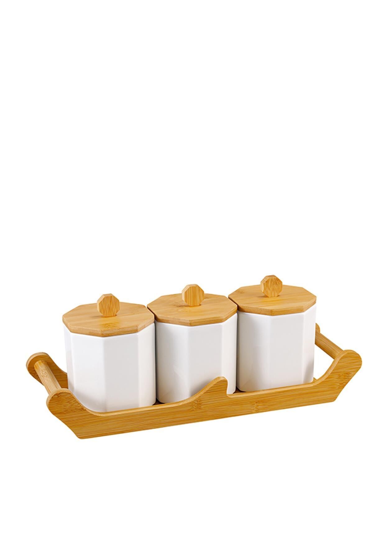 Acar 11006 La Pure 3lü Bambu Tepsili Porselen Baharatlık